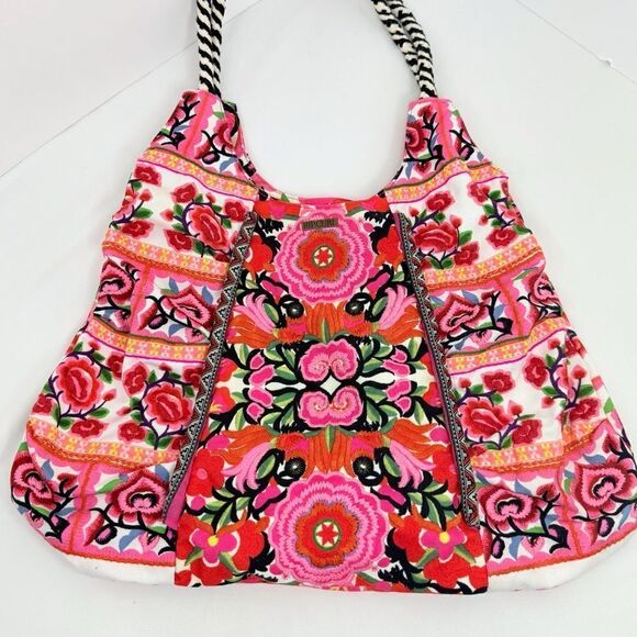 Rip Curl Vibrant Pink Red Embroidered Floral Soft Cotton Canvas Boho Tote Bag - Picture 6 of 16